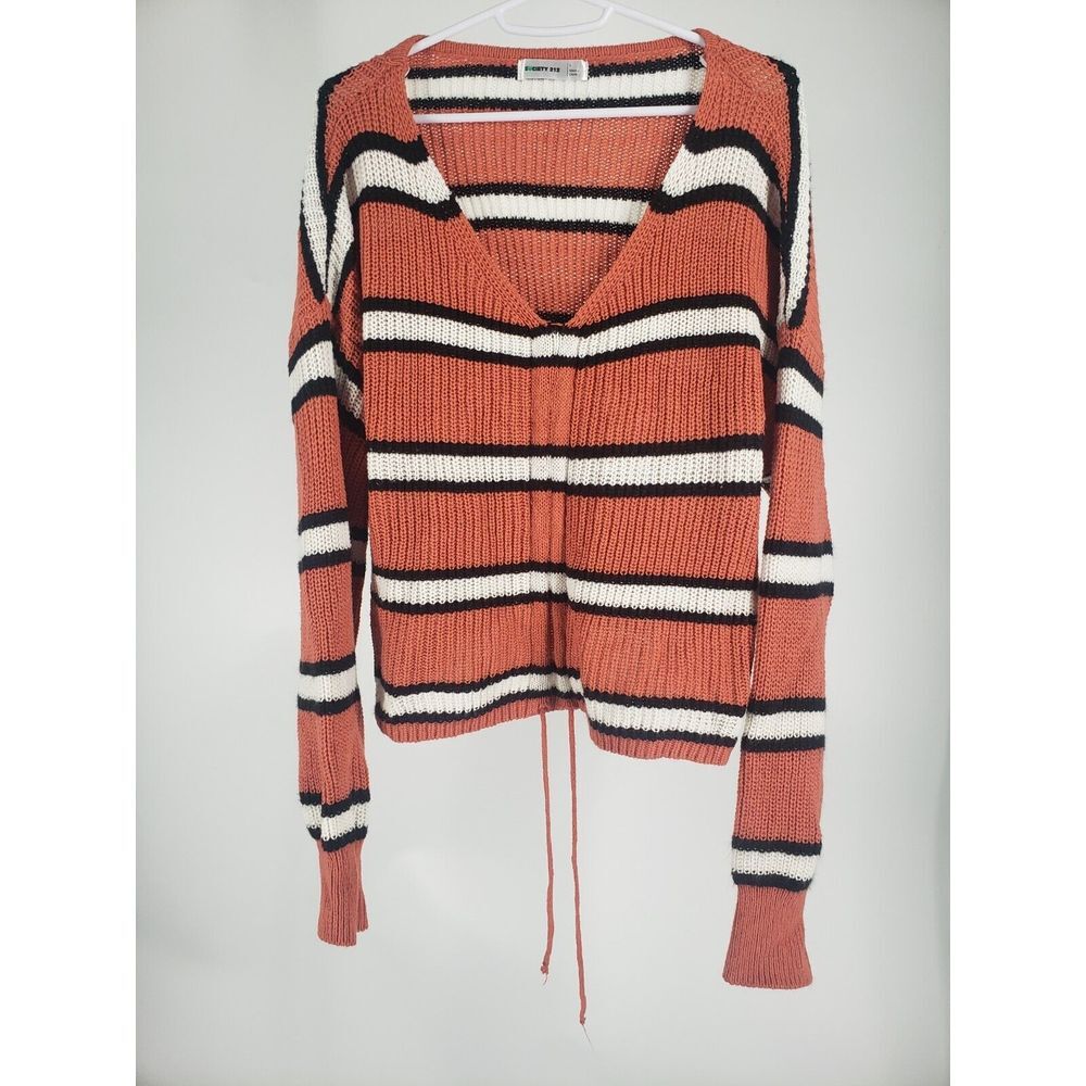 Society 212 Crop Sweater Top L Bold Salmon Stripe V-Neck Lightweight‎ Knit